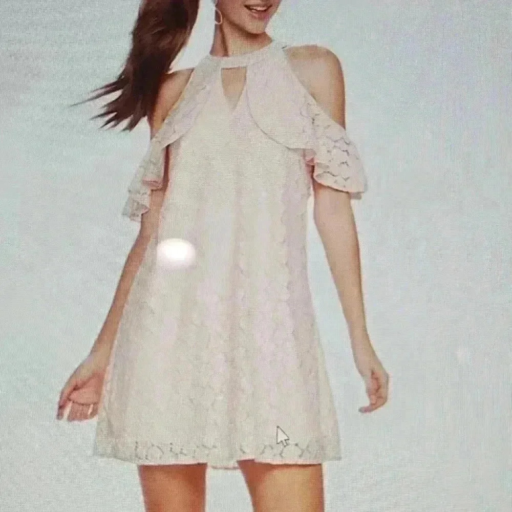 Candie's Women's Cold Shoulder Keyhole Halter Lace Swing Dress